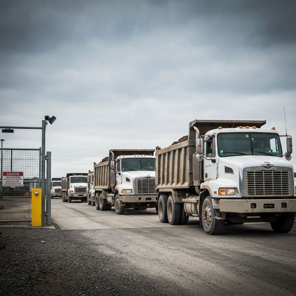 Dump trucks at OC Dirt Dump soil transfer station entrance