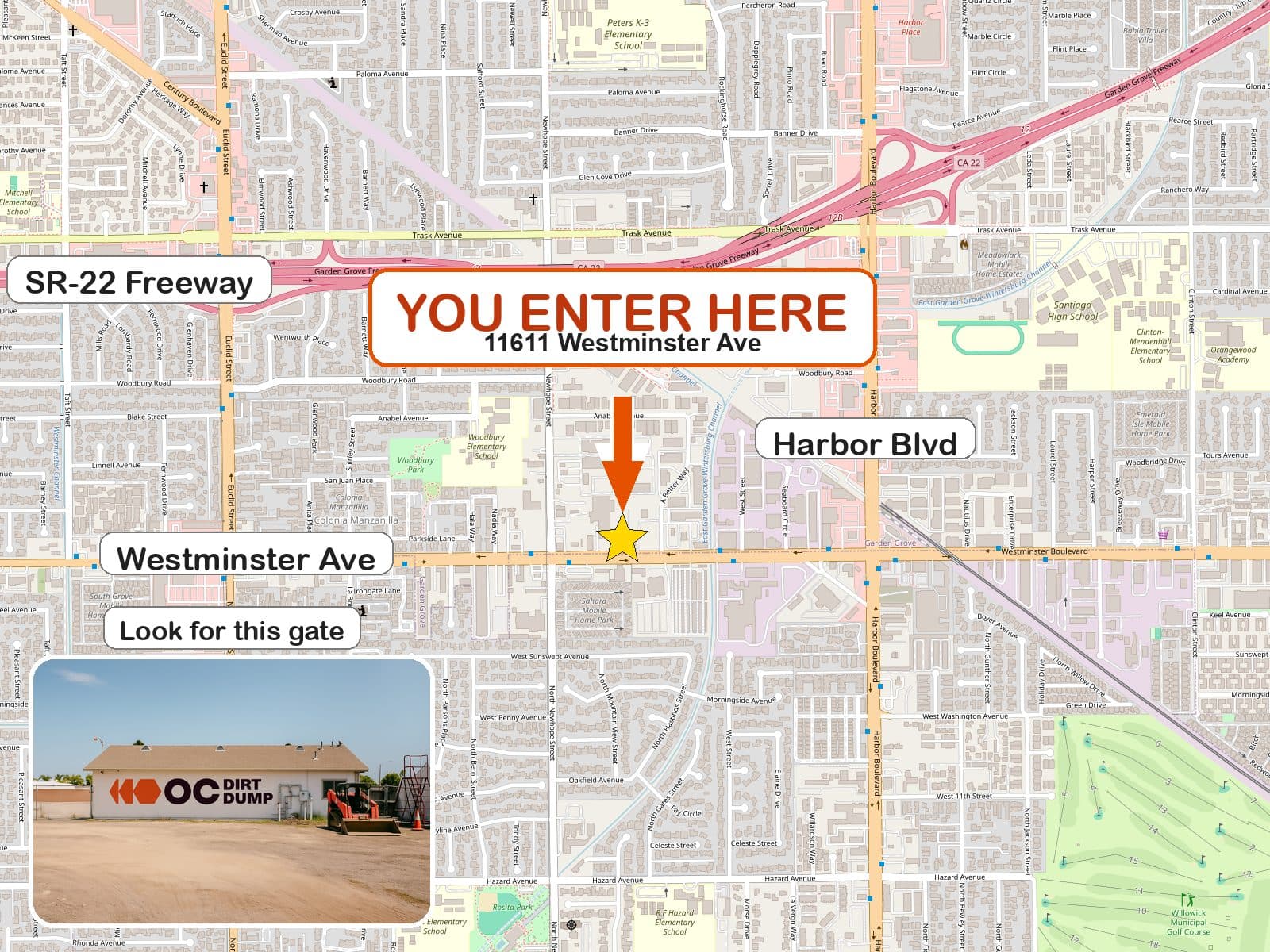Entrance map to the OC Dirt Dump yard at 11611 Westminster Ave, Garden Grove, off the SR-22