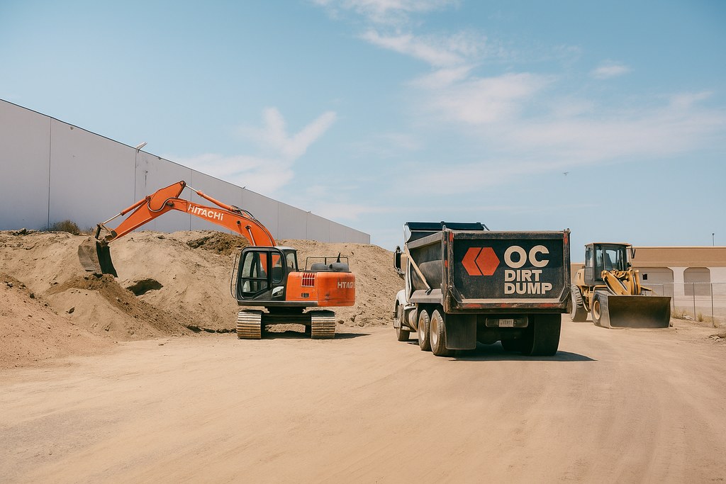 Excavator, dump truck and wheel loader working the piles at the yard